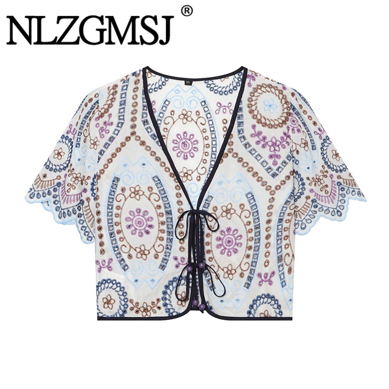 Tie Front Shirt - Nlzgmsj 2026 Letnia Damska Bluzka Haftowana