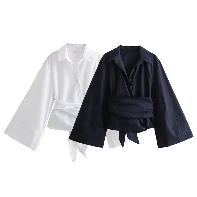 Tie Front Shirt - Damskie bluzki kimono z długim rękawem