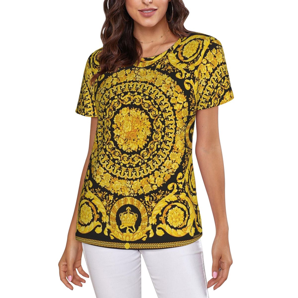 Summer Clothing For 70 Year Old Woman - Dekoracyjna Złota Medalionowa Koszulka Barokowa Damska