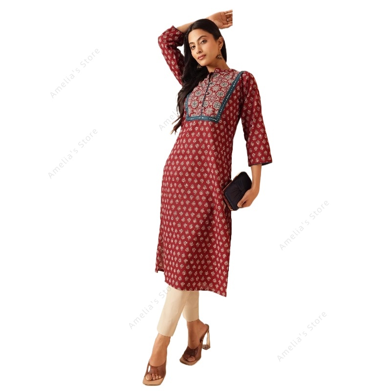 Summer Clothing India - Wiosenno-letnia damska etniczna bordowa bluzka kurta