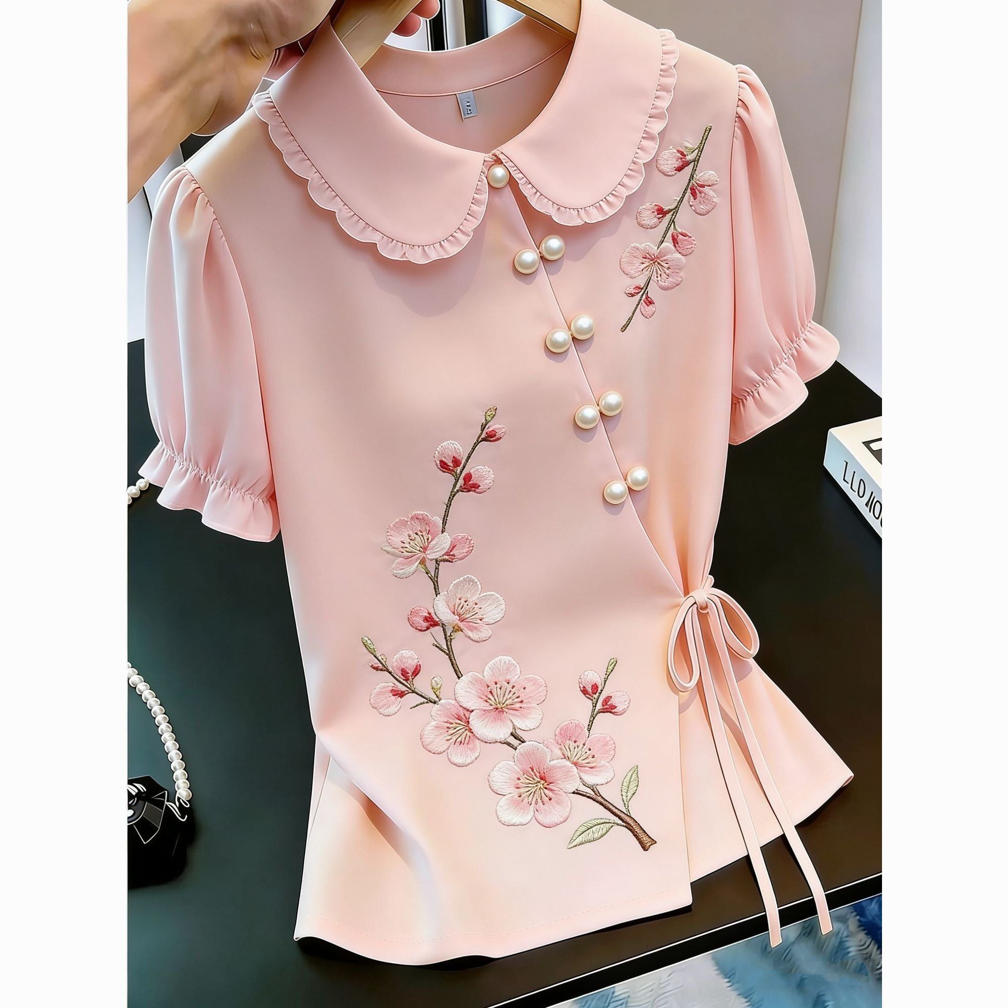 Tie Front Shirt - Koszula w stylu chińskim z haftem,