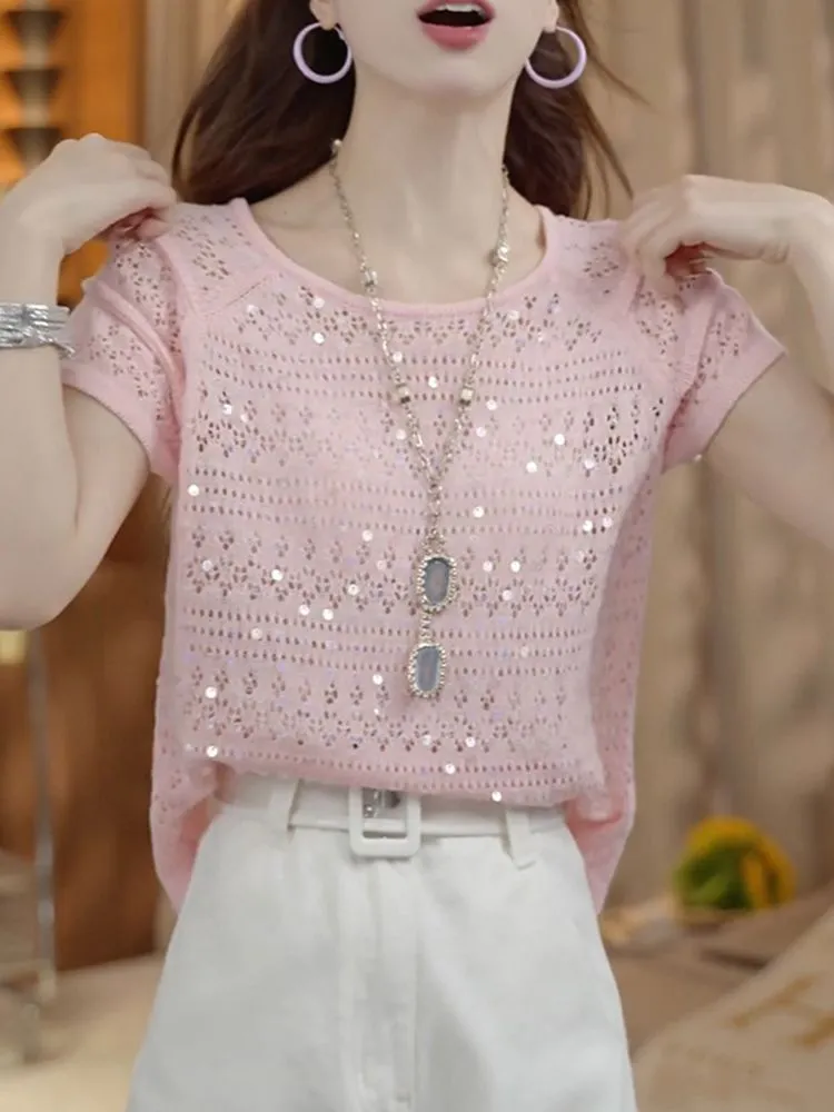 Summer Clothing Yarn - Słodkie trendy: cekinowy sweter damski z