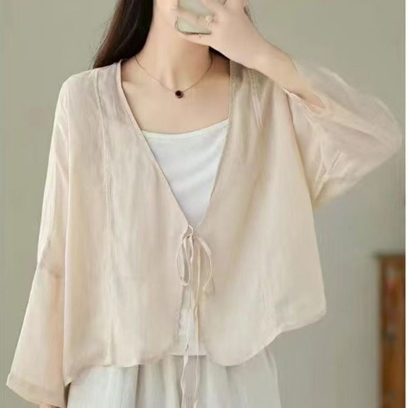 Tie Front Shirt - Damski, cienki kardigan w stylu vintage,