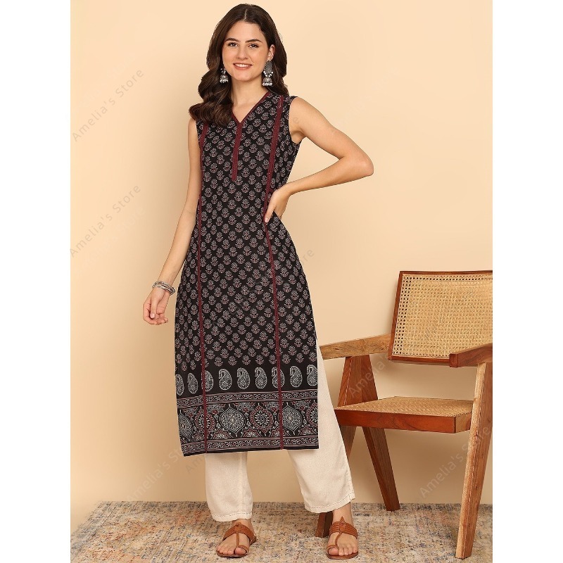 Summer Clothing India - Damska czarno-zielona bawełniana tunika Kurta w