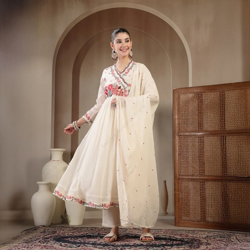 Summer Clothing India - Biały bawełniany zestaw Anarkali Kurti z