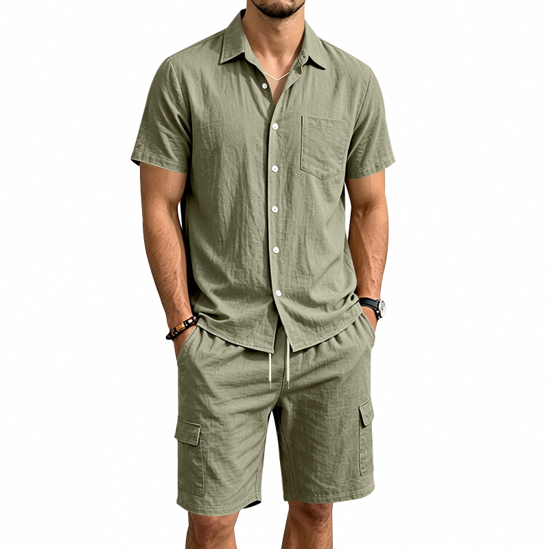 Summer Clothes - Męski letni lniany dwuczęściowy zestaw: koszula