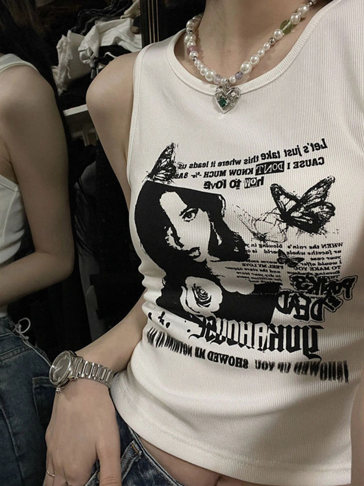Y2k grunge Print bez rękawów S – Summer Clothing Juniors recenzja i cena