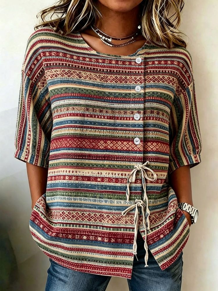 Damska bluzka z geometrycznymi – Tie Front Shirt recenzja i cena
